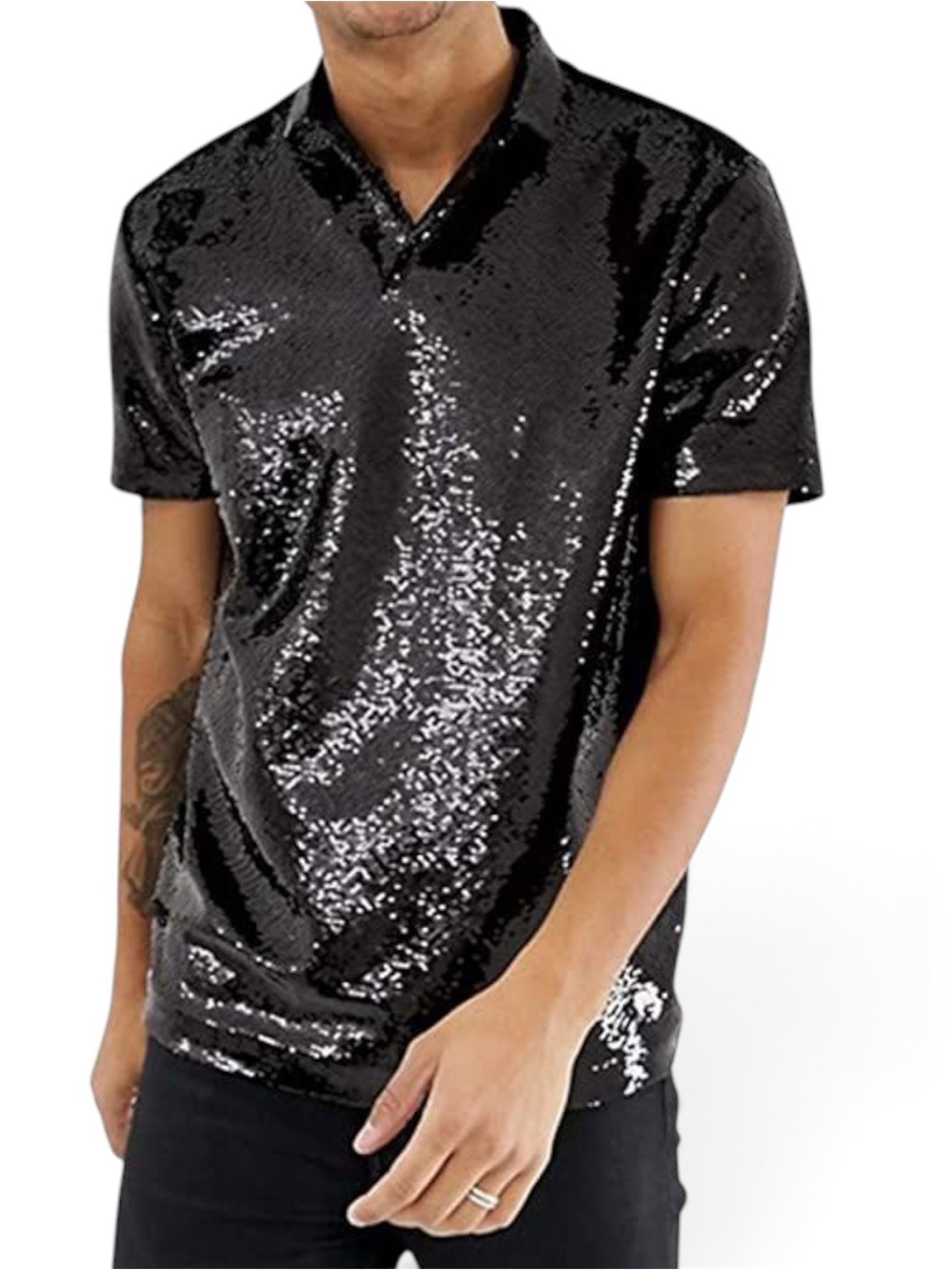 URRU Men's Halloween Black Sequin Short Sleeve Collared Shirt - Large